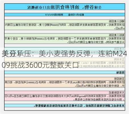 美豆1
美分承压：美小麦强势反弹，连粕M2409挑战3600元整数关口