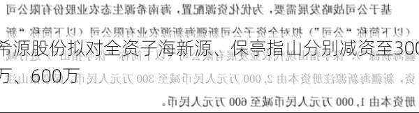 希源股份拟对全资子海新源、保亭指山分别减资至300万、600万