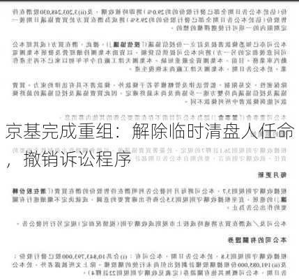 京基完成重组：解除临时清盘人任命，撤销诉讼程序