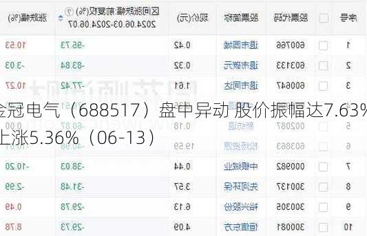 金冠电气（688517）盘中异动 股价振幅达7.63%  上涨5.36%（06-13）