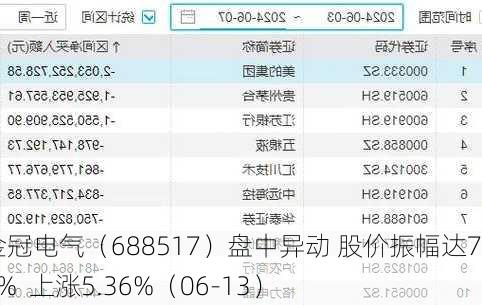 金冠电气（688517）盘中异动 股价振幅达7.63%  上涨5.36%（06-13）