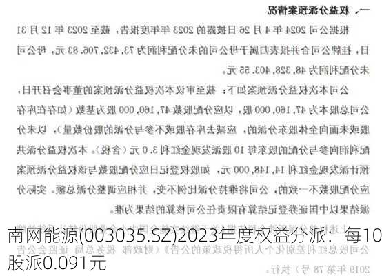 南网能源(003035.SZ)2023年度权益分派：每10股派0.091元