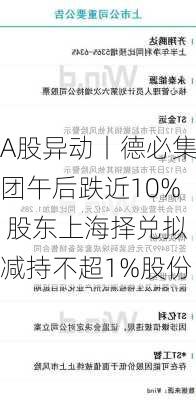 A股异动丨德必集团午后跌近10% 股东上海择兑拟减持不超1%股份