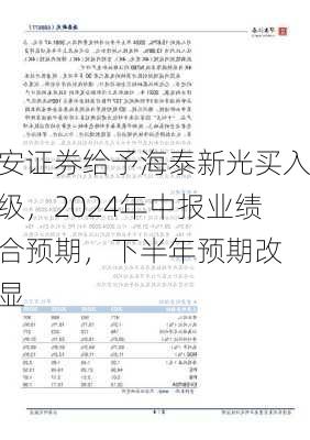 华安证券给予海泰新光买入评级，2024年中报业绩符合预期，下半年预期改
明显