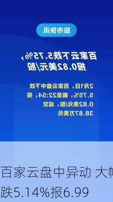 百家云盘中异动 大幅下跌5.14%报6.99
