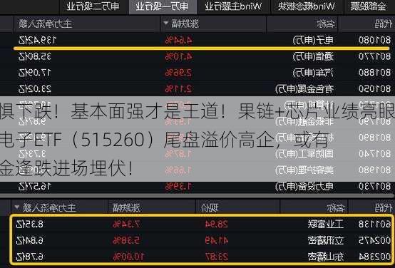 无惧下跌！基本面强才是王道！果链+芯片业绩亮眼，电子ETF（515260）尾盘溢价高企，或有资金逢跌进场埋伏！