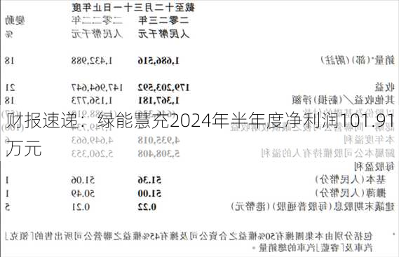 财报速递：绿能慧充2024年半年度净利润101.91万元