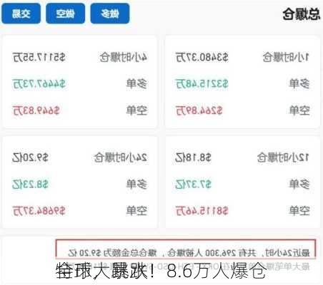 全球大跳水！
特币，暴跌！8.6万人爆仓