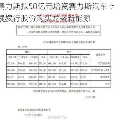 赛力斯拟50亿元增资赛力斯汽车 计划发行股份购买龙盛新能源
股权