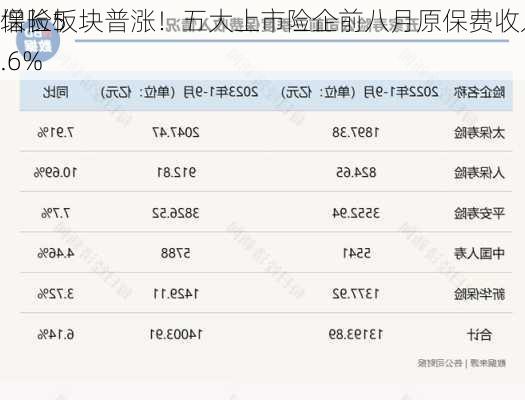 保险板块普涨！五大上市险企前八月原保费收入同
增长5.6%