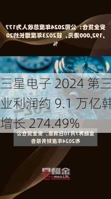 三星电子 2024 第三季度营业利润约 9.1 万亿韩元，同
增长 274.49%