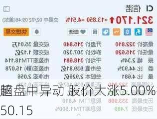 超
脑盘中异动 股价大涨5.00%报50.15
